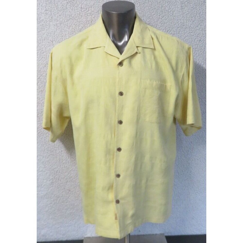 Mens Tommy Bahama Yellow Button Hawaiian Shirt Size L T30938 Floral Silk Vintage